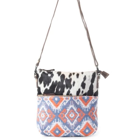 Myra Bag Cotton, Hair On Leather & Canvas "Blue Corals" Small Crossbody Bag New - Picture 7 of 9